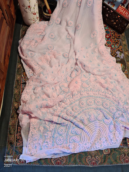Zynah Powder Pink Georgette Lucknowi Hand embroidered Chikankari Saree; Custom Stitched/Ready-made Blouse, Fall, Petticoat; Shipping available USA, Worldwide