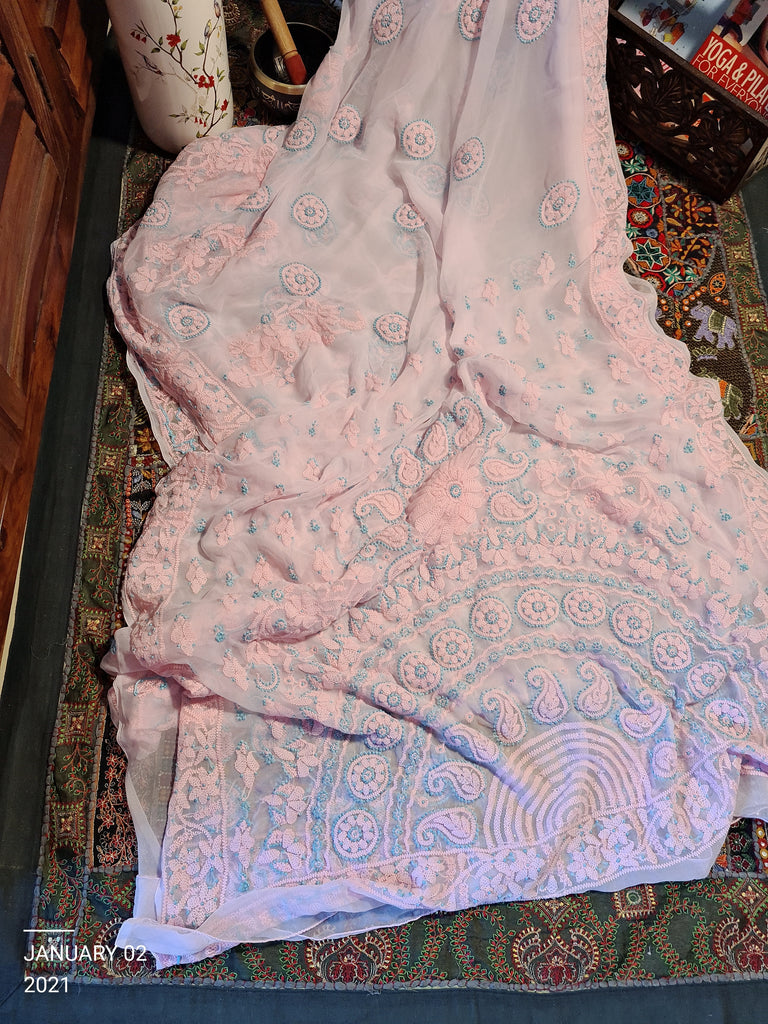 Zynah Powder Pink Georgette Lucknowi Hand embroidered Chikankari Saree; Custom Stitched/Ready-made Blouse, Fall, Petticoat; Shipping available USA, Worldwide