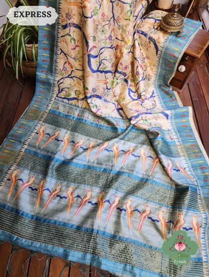 Zynah Beige/Sky Blue Jute Linen Saree With Kantha Work; Custom Stitched/Ready-made Blouse, Fall, Petticoat; SKU: 1104202304