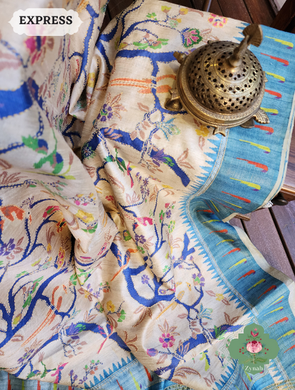 Zynah Beige/Sky Blue Jute Linen Saree With Kantha Work; Custom Stitched/Ready-made Blouse, Fall, Petticoat; SKU: 1104202304