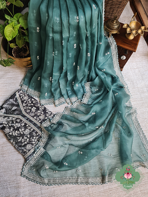 Zynah Teal Blue Pure Organza Silk Saree With Sequin Work, Pearl Beads & Cutdana Handwork and scalloped borders; Custom Stitched/Ready-made Blouse, Fall, Petticoat; SKU: 1701202301