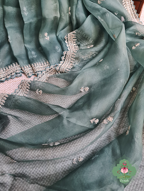 Zynah Teal Blue Pure Organza Silk Saree With Sequin Work, Pearl Beads & Cutdana Handwork and scalloped borders; Custom Stitched/Ready-made Blouse, Fall, Petticoat; SKU: 1701202301