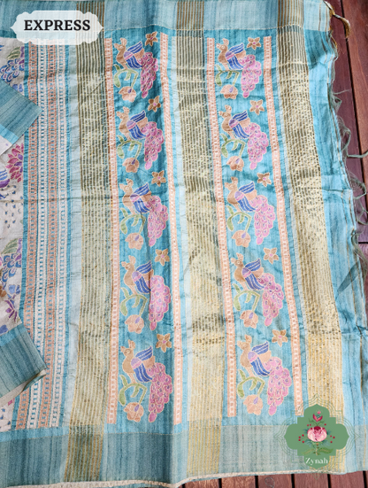 Zynah Beige/Turquoise Jute Linen Saree With Kantha Work; Custom Stitched/Ready-made Blouse, Fall, Petticoat; SKU: 1104202303