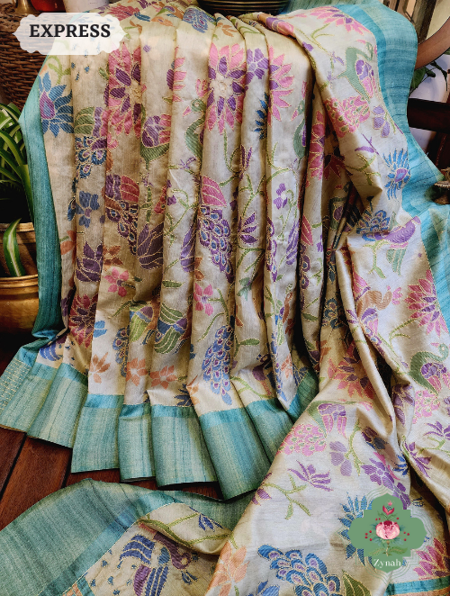 Zynah Beige/Turquoise Jute Linen Saree With Kantha Work; Custom Stitched/Ready-made Blouse, Fall, Petticoat; SKU: 1104202303