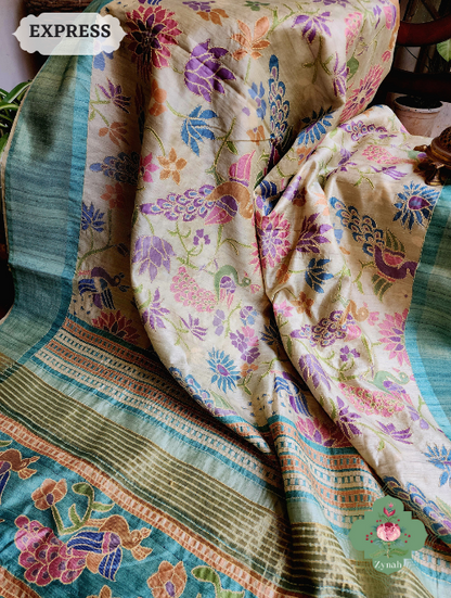 Zynah Beige/Turquoise Jute Linen Saree With Kantha Work; Custom Stitched/Ready-made Blouse, Fall, Petticoat; SKU: 1104202303