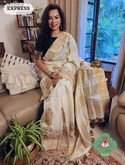 Zynah Off-White Embroidered Tussar Silk Saree, Pichwai Inpired Lotus & Floral Motifs ; Custom Stitched/Ready-made Blouse, Fall, Petticoat; SKU: 1403202302