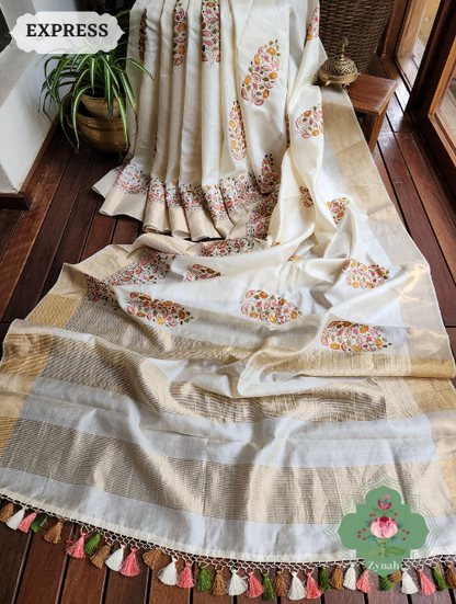 Zynah Off-White Embroidered Tussar Silk Saree, Pichwai Inpired Lotus & Floral Motifs ; Custom Stitched/Ready-made Blouse, Fall, Petticoat; SKU: 1403202302