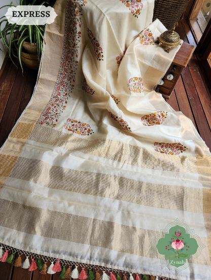 Zynah Off-White Embroidered Tussar Silk Saree, Pichwai Inpired Lotus & Floral Motifs ; Custom Stitched/Ready-made Blouse, Fall, Petticoat; SKU: 1403202302