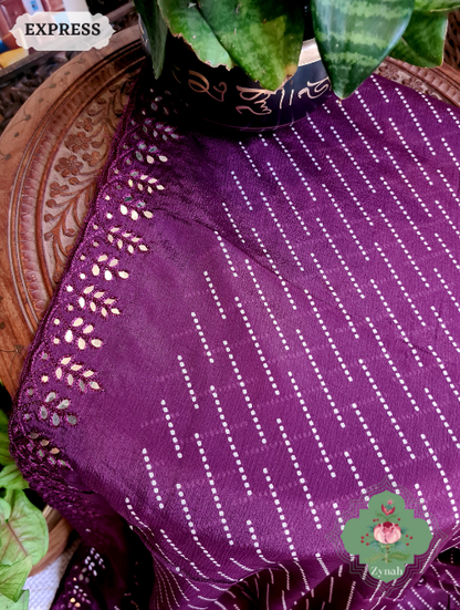 Zynah Wine Wrinkle Crepe Silk Saree with Bandhani Inspired Prints & Mirror Work Scalloped Borders; Custom Stitched/Ready-made Blouse, Fall, Petticoat; SKU: 0202202304