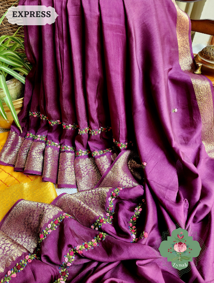 Zynah Wine Munga Silk Saree With Zari Borders And Frenchknot & Kantha Embroidery; Custom Stitched/Ready-made Blouse, Fall, Petticoat; SKU: 1804202304
