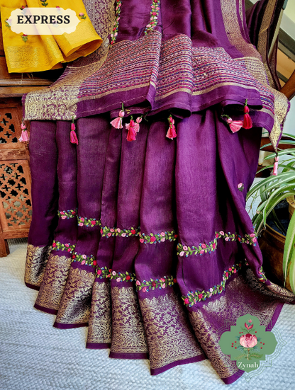 Zynah Wine Munga Silk Saree With Zari Borders And Frenchknot & Kantha Embroidery; Custom Stitched/Ready-made Blouse, Fall, Petticoat; SKU: 1804202304