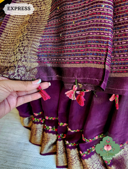 Zynah Wine Munga Silk Saree With Zari Borders And Frenchknot & Kantha Embroidery; Custom Stitched/Ready-made Blouse, Fall, Petticoat; SKU: 1804202304