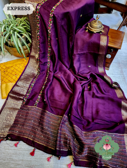 Zynah Wine Munga Silk Saree With Zari Borders And Frenchknot & Kantha Embroidery; Custom Stitched/Ready-made Blouse, Fall, Petticoat; SKU: 1804202304