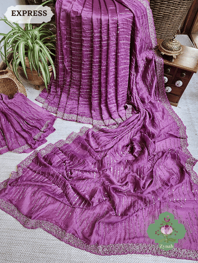 Zynah Wine Satin Organza Silk Saree With Cutdana, Sequins & Pearl Work ; Custom Stitched/Ready-made Blouse, Fall, Petticoat; SKU: 0703202302