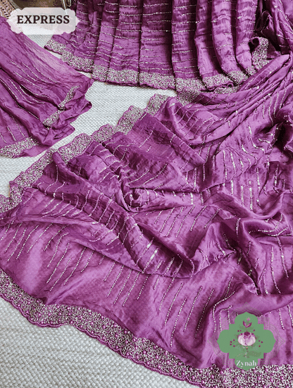 Zynah Wine Satin Organza Silk Saree With Cutdana, Sequins & Pearl Work ; Custom Stitched/Ready-made Blouse, Fall, Petticoat; SKU: 0703202302