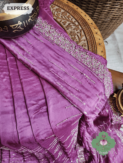 Zynah Wine Satin Organza Silk Saree With Cutdana, Sequins & Pearl Work ; Custom Stitched/Ready-made Blouse, Fall, Petticoat; SKU: 0703202302