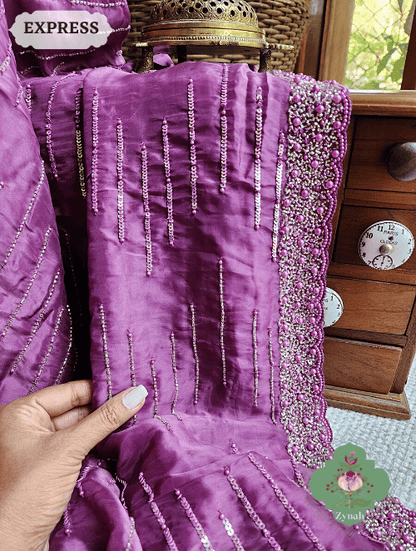 Zynah Wine Satin Organza Silk Saree With Cutdana, Sequins & Pearl Work ; Custom Stitched/Ready-made Blouse, Fall, Petticoat; SKU: 0703202302