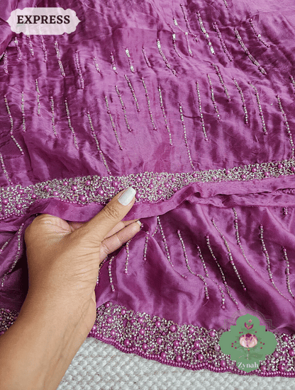 Zynah Wine Satin Organza Silk Saree With Cutdana, Sequins & Pearl Work ; Custom Stitched/Ready-made Blouse, Fall, Petticoat; SKU: 0703202302