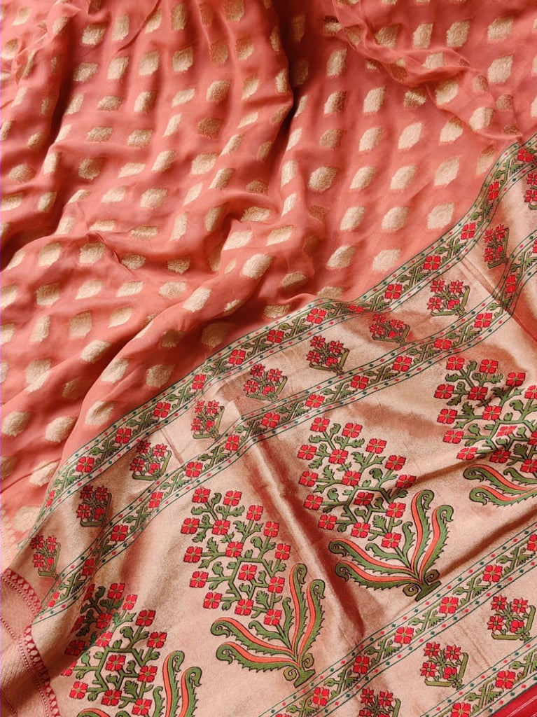 Zynah Khaddi Georgette Saree with Paithani Pallu; Custom Stitched/Ready-made Blouse, Fall, Petticoat; Shipping available USA, Worldwide