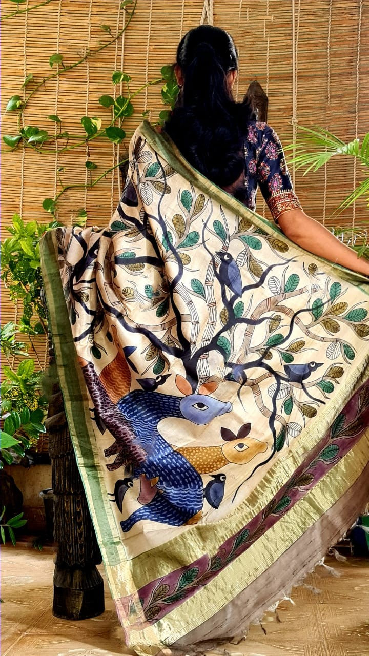 Zynah Pure Tussar Silk Saree with Hand-painted Kalamkari Design; Custom Stitched/Ready-made Blouse, Fall, Petticoat; Shipping available USA, Worldwide