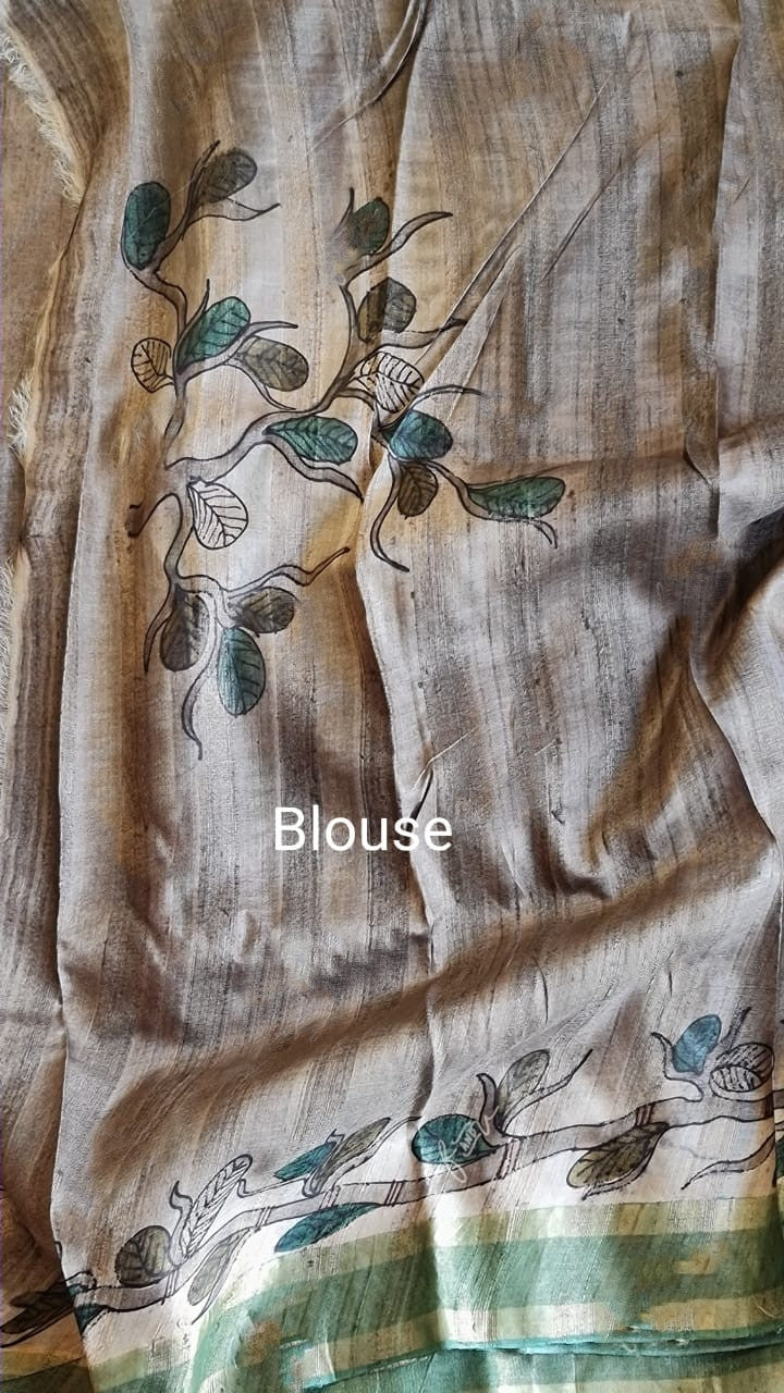 Zynah Pure Tussar Silk Saree with Hand-painted Kalamkari Design; Custom Stitched/Ready-made Blouse, Fall, Petticoat; Shipping available USA, Worldwide