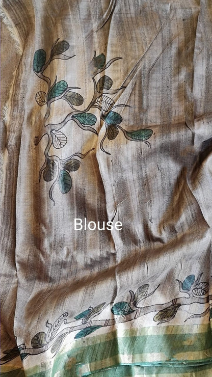 Zynah Pure Tussar Silk Saree with Hand-painted Kalamkari Design; Custom Stitched/Ready-made Blouse, Fall, Petticoat; Shipping available USA, Worldwide