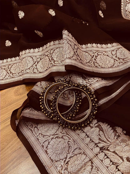 Zynah Pure Banarasi Handloom Khaddi Georgette Saree, Zari Border & Butis; Custom Stitched/Ready-made Blouse, Fall, Petticoat; Shipping available USA, Worldwide