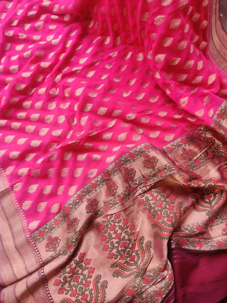 Zynah Khaddi Georgette Saree with Paithani Pallu; Custom Stitched/Ready-made Blouse, Fall, Petticoat; Shipping available USA, Worldwide