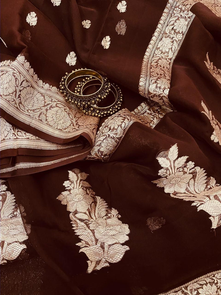 Zynah Pure Banarasi Handloom Khaddi Georgette Saree, Zari Border & Butis; Custom Stitched/Ready-made Blouse, Fall, Petticoat; Shipping available USA, Worldwide