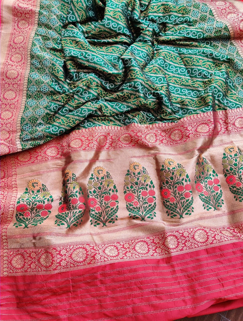 Zynha Pure Banarasi Soft Silk Saree with Bandhej Design & Meenakari Pallu; Custom Stitched/Ready-made Blouse, Fall, Petticoat; Shipping available USA, Worldwide
