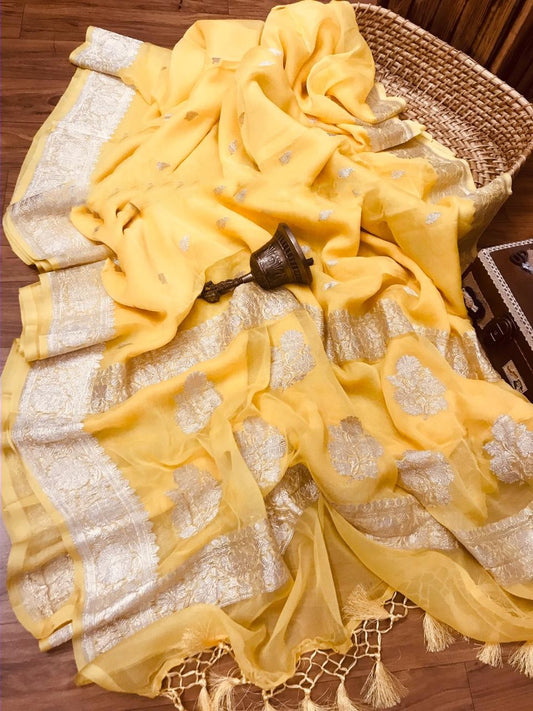 Zynah Pure Banarasi Handloom Khaddi Georgette Saree with Zari Border & Butis; Custom Stitched/Ready-made Blouse, Fall, Petticoat; Shipping available USA, Worldwide