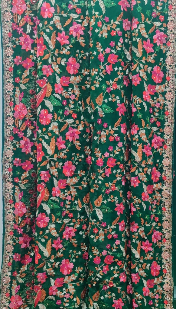 Zynah Pure Georgette Saree with Kashmiri Kashida & Cut-dana Work; Custom Stitched/Ready-made Blouse, Fall, Petticoat; Shipping available USA, Worldwide