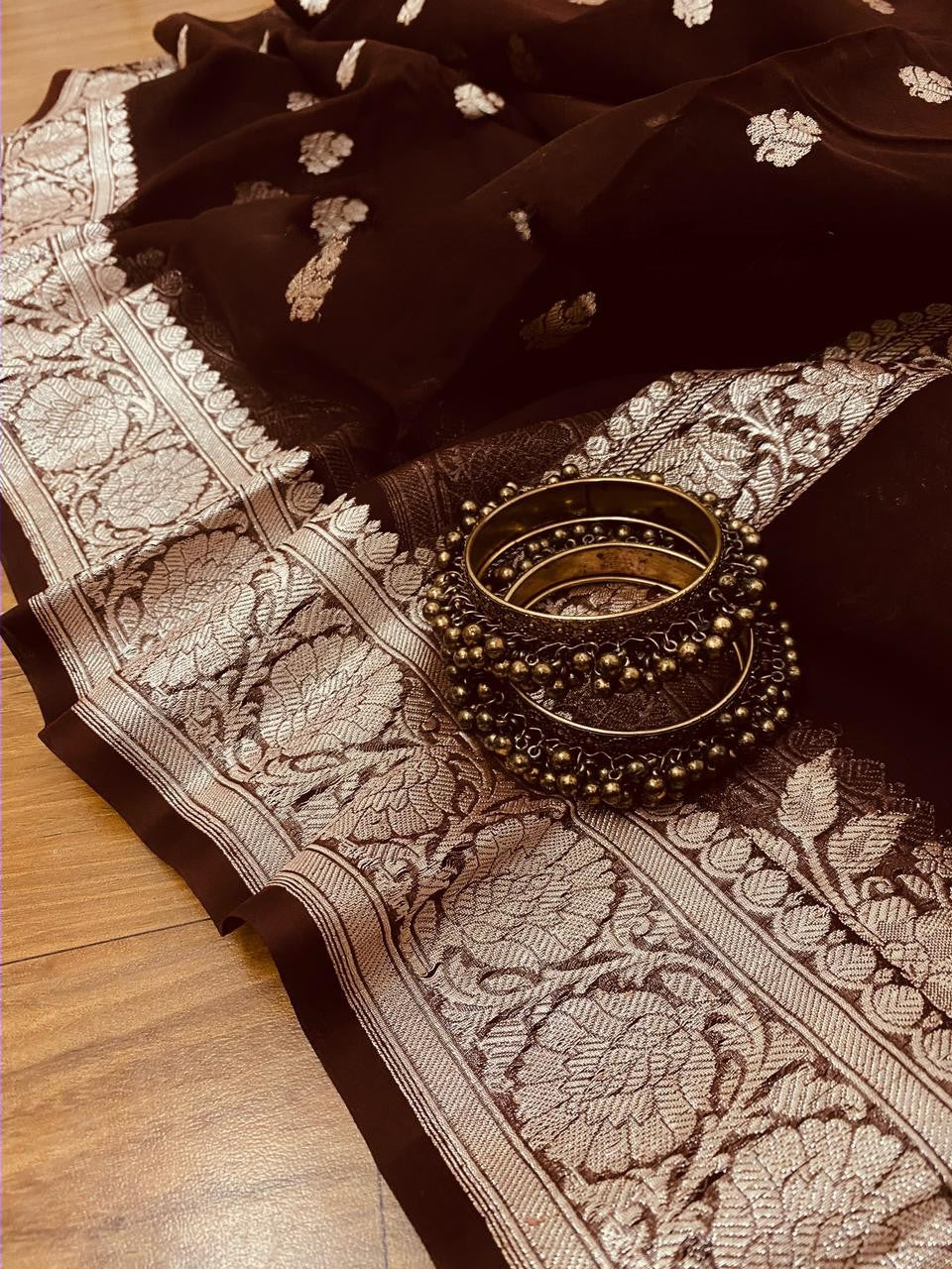 Zynah Pure Banarasi Handloom Khaddi Georgette Saree, Zari Border & Butis; Custom Stitched/Ready-made Blouse, Fall, Petticoat; Shipping available USA, Worldwide