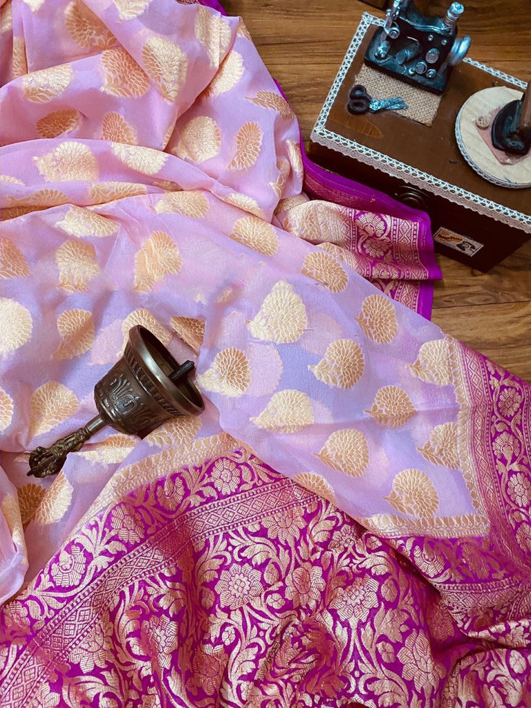 Zynah Pure Georgette Handloom Banarasi Saree; Custom Stitched/Ready-made Blouse, Fall, Petticoat; Shipping available USA, Worldwide