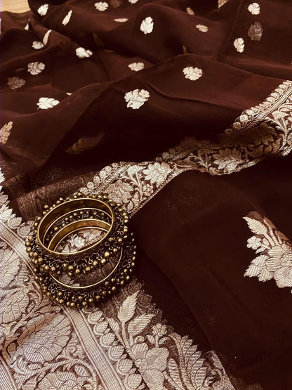 Zynah Pure Banarasi Handloom Khaddi Georgette Saree, Zari Border & Butis; Custom Stitched/Ready-made Blouse, Fall, Petticoat; Shipping available USA, Worldwide