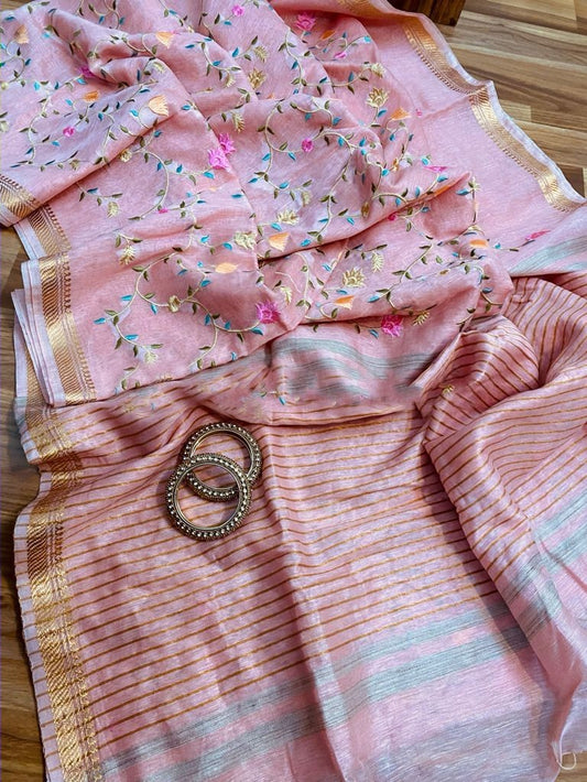 Zynah Silk Linen saree with Jaal Embroidery; Custom Stitched/Ready-made Blouse, Fall, Petticoat; Shipping available USA, Worldwide