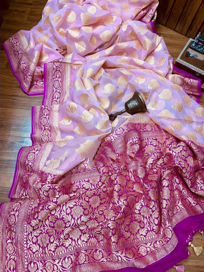 Zynah Pure Georgette Handloom Banarasi Saree; Custom Stitched/Ready-made Blouse, Fall, Petticoat; Shipping available USA, Worldwide