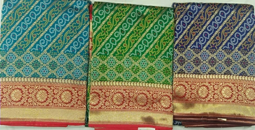 Zynha Pure Banarasi Soft Silk Saree with Bandhej Design & Meenakari Pallu; Custom Stitched/Ready-made Blouse, Fall, Petticoat; Shipping available USA, Worldwide