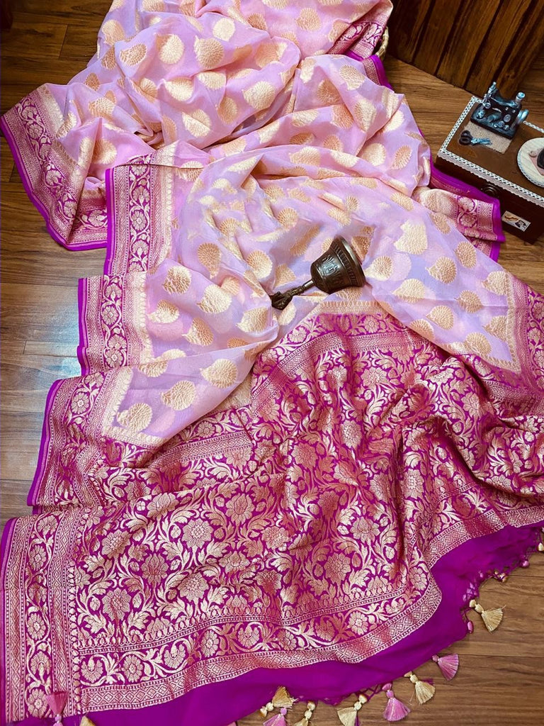 Zynah Pure Georgette Handloom Banarasi Saree; Custom Stitched/Ready-made Blouse, Fall, Petticoat; Shipping available USA, Worldwide