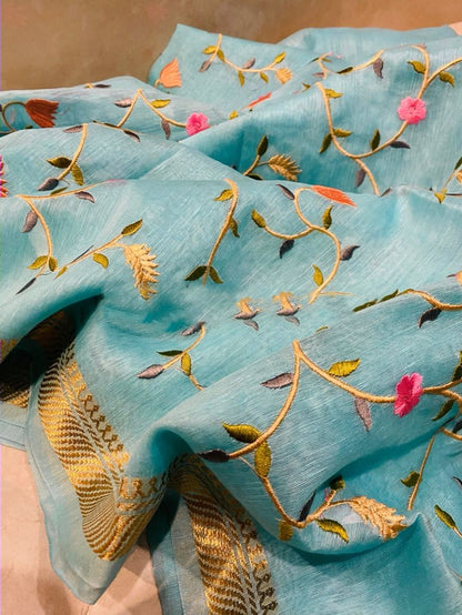 Zynah Silk Linen saree with Jaal Embroidery; Custom Stitched/Ready-made Blouse, Fall, Petticoat; Shipping available USA, Worldwide