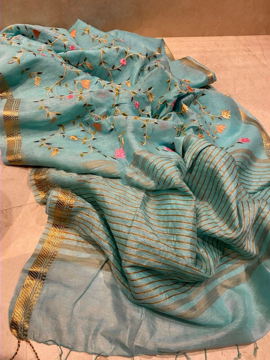 Zynah Silk Linen saree with Jaal Embroidery; Custom Stitched/Ready-made Blouse, Fall, Petticoat; Shipping available USA, Worldwide