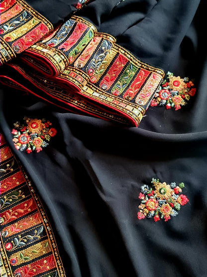 Zynah Pure Georgette Saree with Sabyasachi Inspiration & Resham Embroidery Work; Custom Stitched/Ready-made Blouse, Fall, Petticoat; Shipping available USA, Worldwide