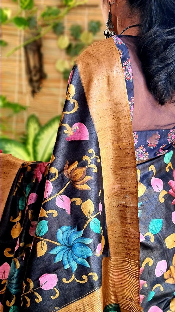 Zynah Pure Tussar Silk Saree with Hand-painted Kalamkari Design; Custom Stitched/Ready-made Blouse, Fall, Petticoat; Shipping available USA, Worldwide