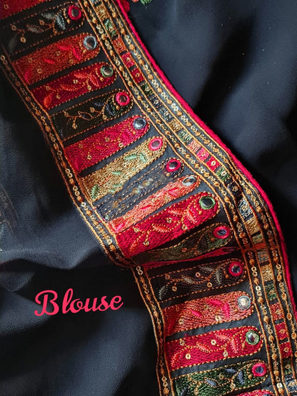 Zynah Pure Georgette Saree with Sabyasachi Inspiration & Resham Embroidery Work; Custom Stitched/Ready-made Blouse, Fall, Petticoat; Shipping available USA, Worldwide