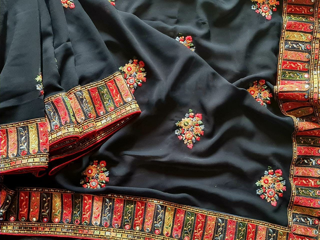 Zynah Pure Georgette Saree with Sabyasachi Inspiration & Resham Embroidery Work; Custom Stitched/Ready-made Blouse, Fall, Petticoat; Shipping available USA, Worldwide