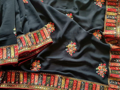 Zynah Pure Georgette Saree with Sabyasachi Inspiration & Resham Embroidery Work; Custom Stitched/Ready-made Blouse, Fall, Petticoat; Shipping available USA, Worldwide