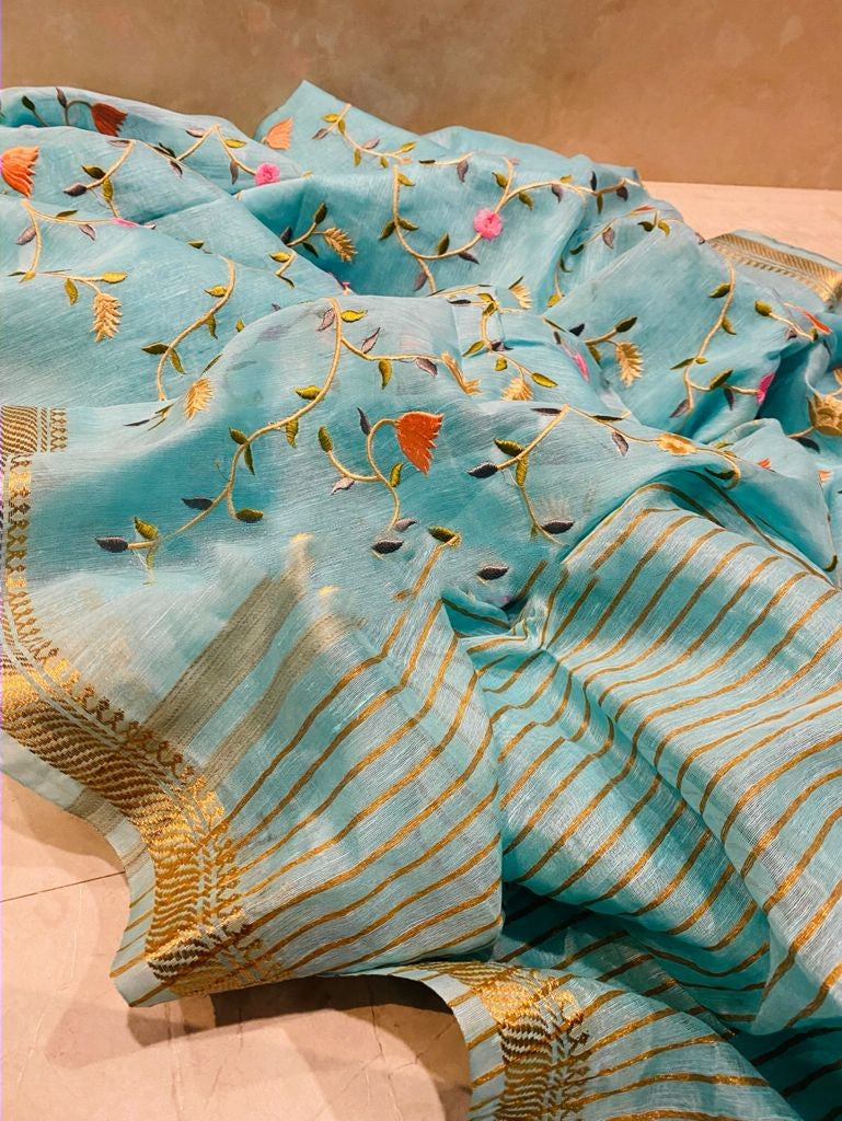 Zynah Silk Linen saree with Jaal Embroidery; Custom Stitched/Ready-made Blouse, Fall, Petticoat; Shipping available USA, Worldwide