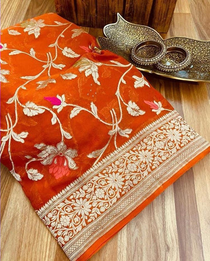 Zynah Pure Khaddi Georgette Banarasi Saree with Golden Zari & Meenakari Weaved Motifs; Custom Stitched/Ready-made Blouse, Fall, Petticoat; Shipping available USA, Worldwide