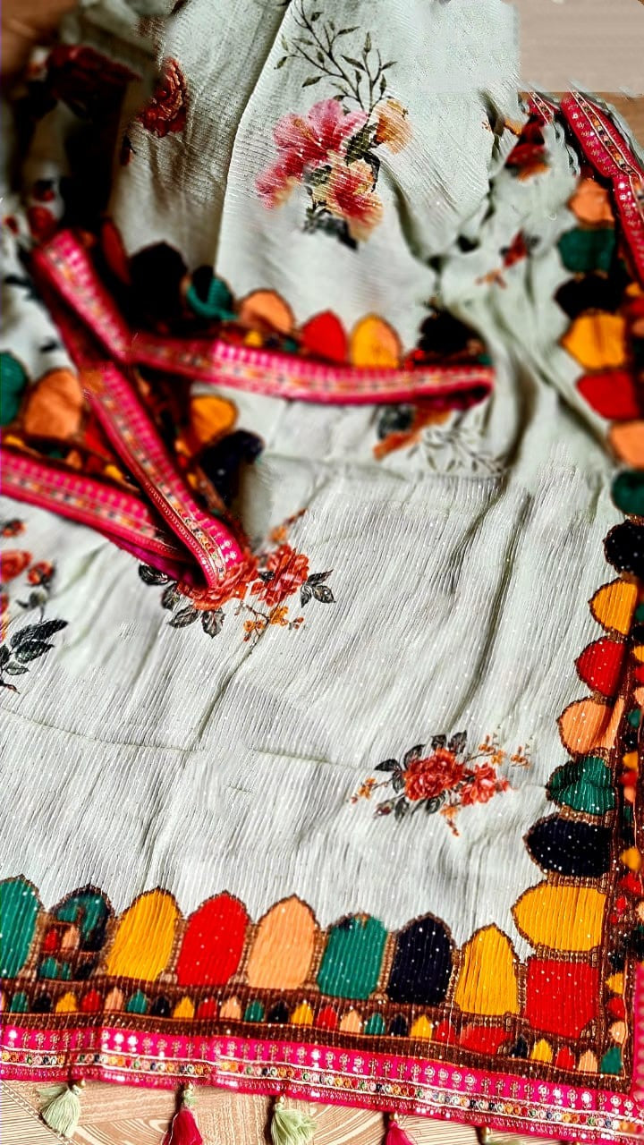 Zynah Pure Georgette Saree, Sabyasachi Inspiration, Digital Printed, Sequins & Hand-Embroidery Work; Custom Stitched/Ready-made Blouse, Fall, Petticoat; Shipping available USA, Worldwide