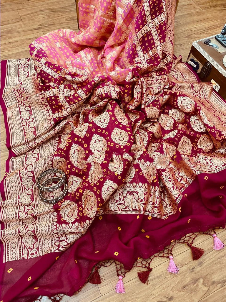 Zynah Khaddi Georgette Saree with Bandhani Prints, Antique Zari Weave; Custom Stitched/Ready-made Blouse, Fall, Petticoat; Shipping available USA, Worldwide
